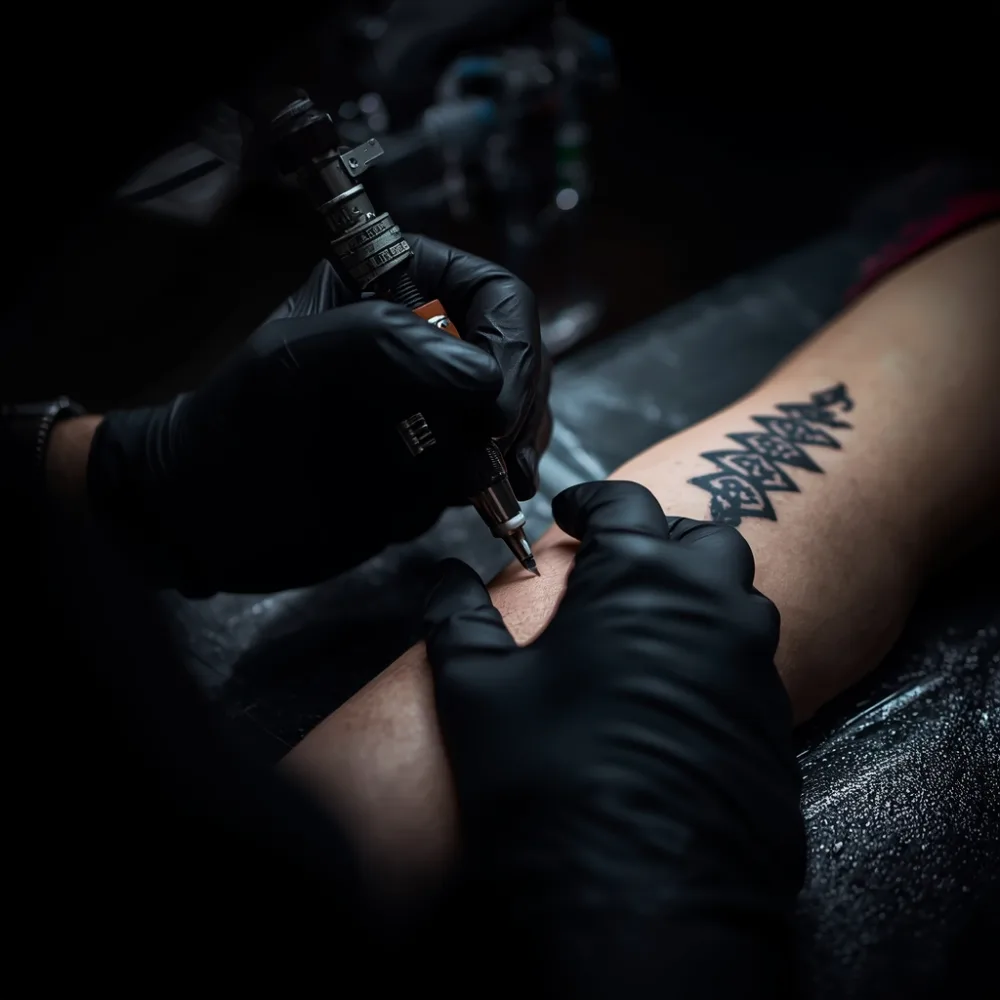 Tatuador com luvas pretas fechando um traço no braço do cliente
